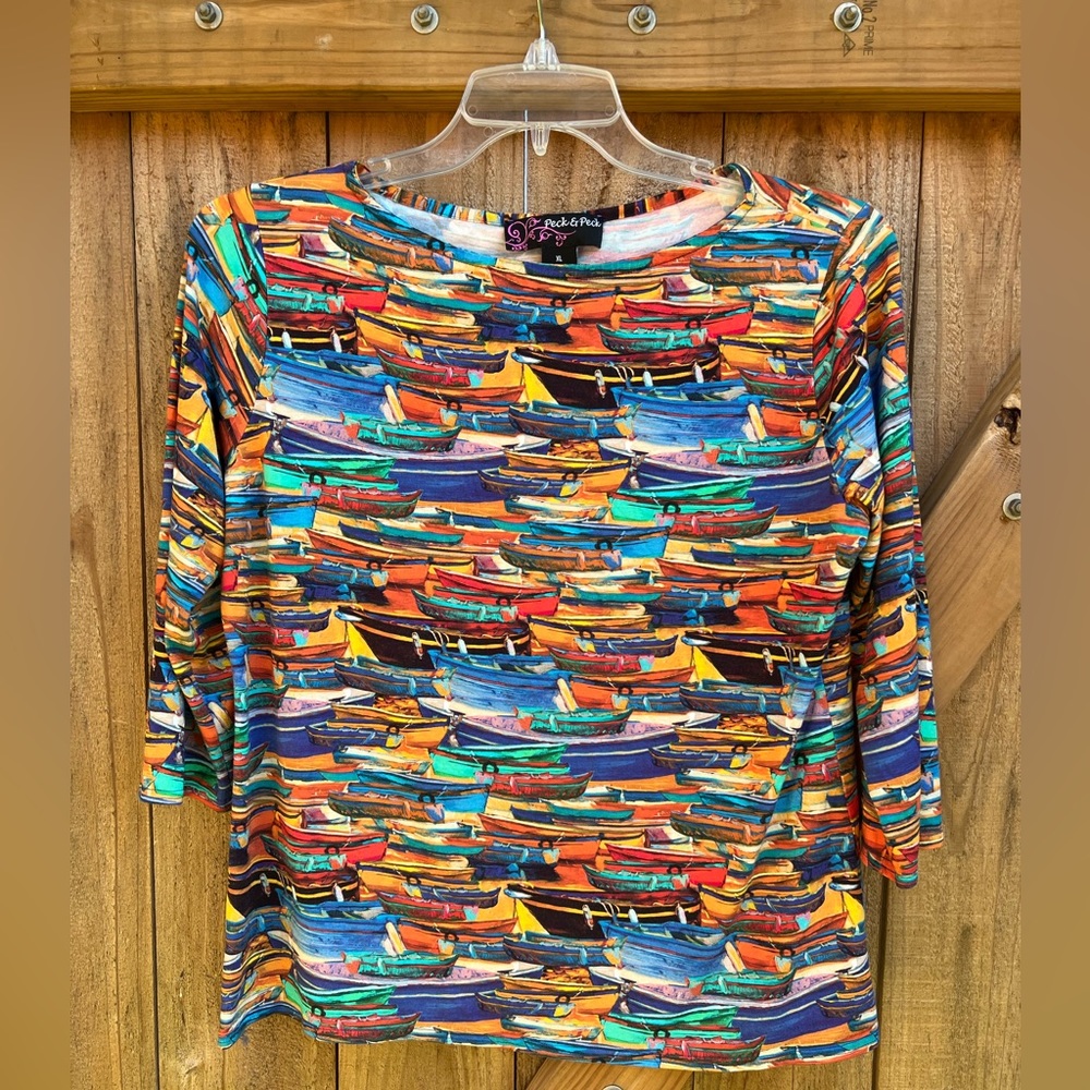 Peck & Peck  XL long sleeve small boats pattern blouse shirt